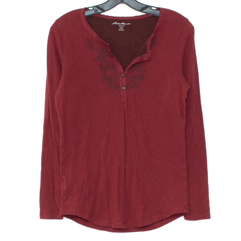 Eddie Bauer Womens Tee Henley Red Medium E1